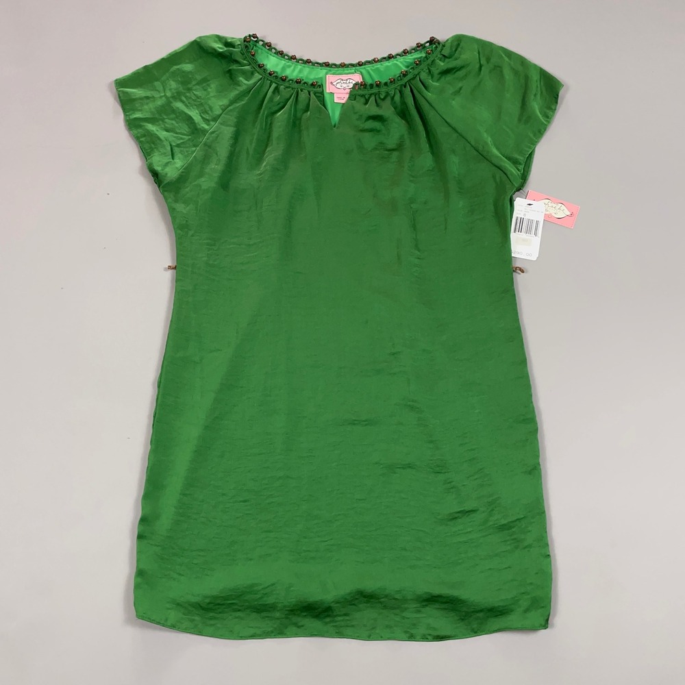 Phoebe Couture Green Satin Wood Bead Neckline Shift Dress Retail $290